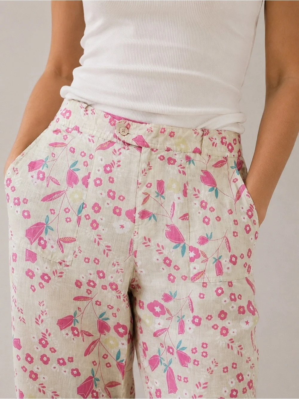 Sigrid Olsen Linen Pink Floral Crop Pants Size 12